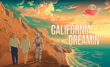 艾伦博士和夏洛特·金斯伯格(Charlotte Ginsburg)带着一个机器人沿着加利福尼亚海岸的插图
