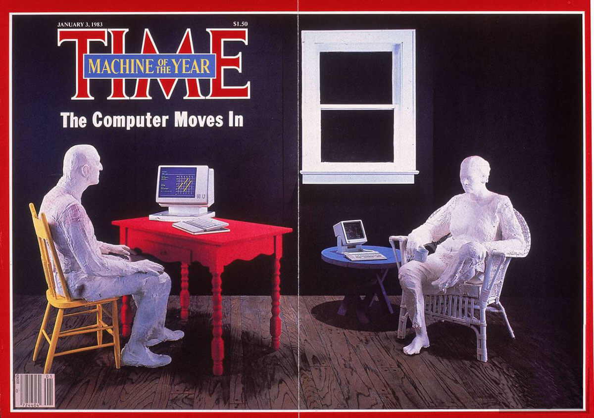 “年度机器”封面，雕塑家乔治·西格尔的石膏人正在思考一台《时代》杂志委托一家设计公司制作的概念电脑。